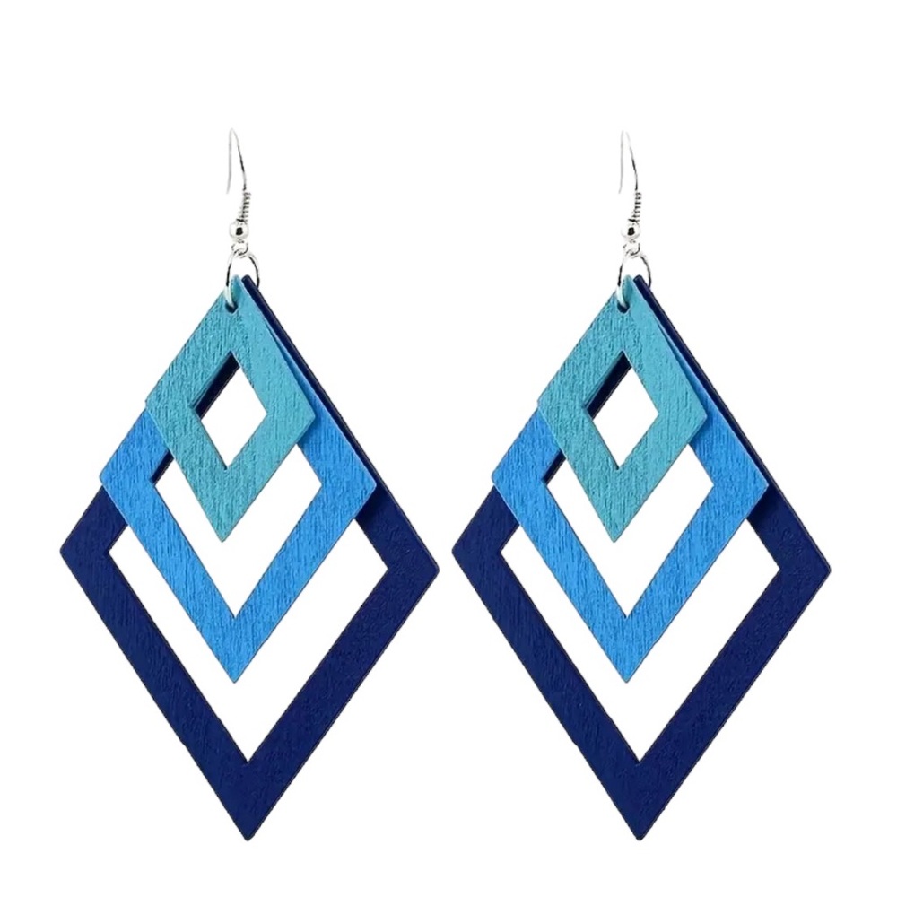 Y2K Multiple Blues Rhombus Hollow Wood Drop Earrings